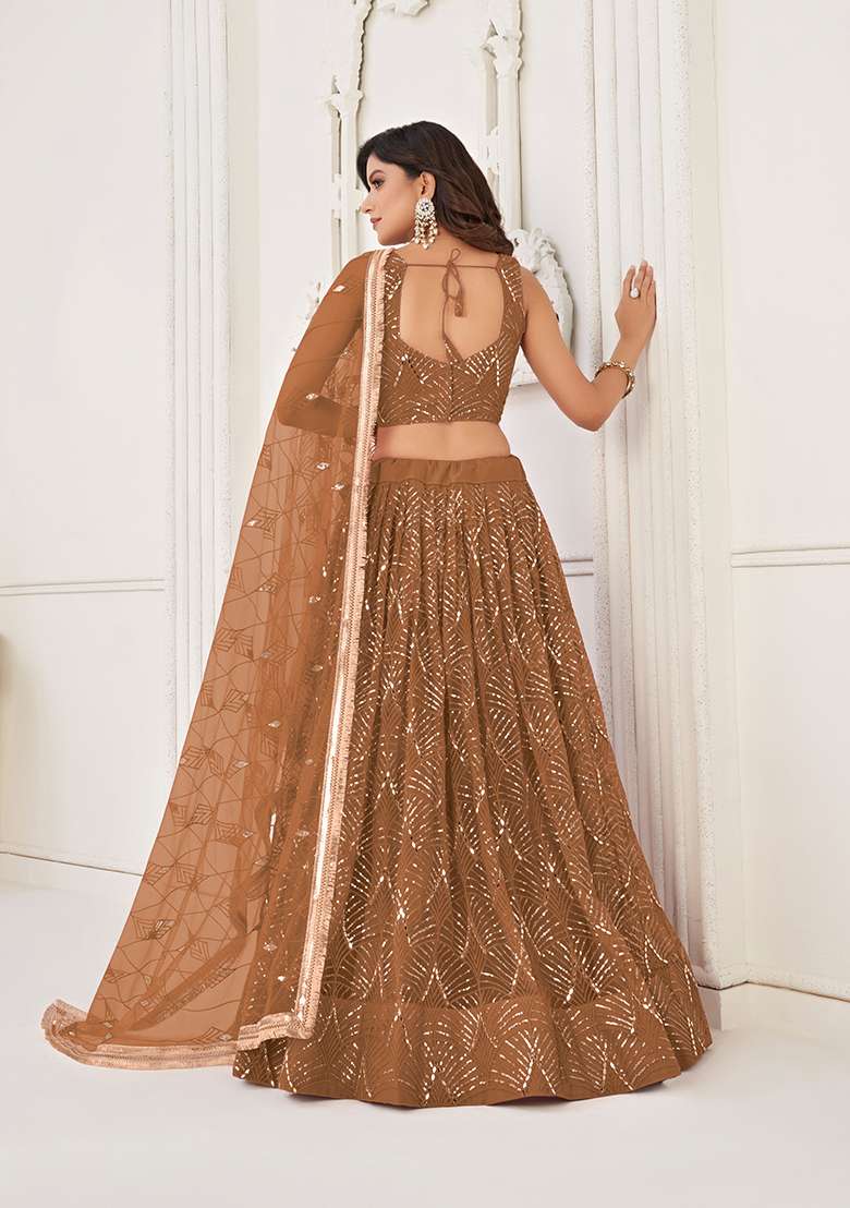 Brown Embroidery Net Lehenga Set for Diwali and Festive Wear - Indya
