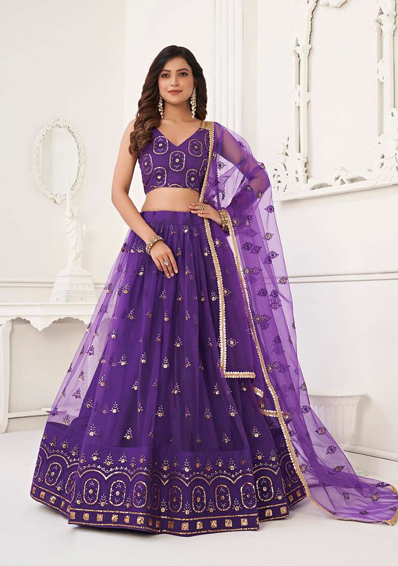 Purple Embroidery Net Lehenga Set for Diwali and Festive Wear - Indya