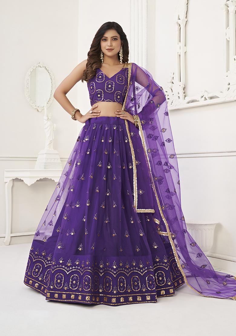 Purple Embroidery Net Lehenga Set - Indya