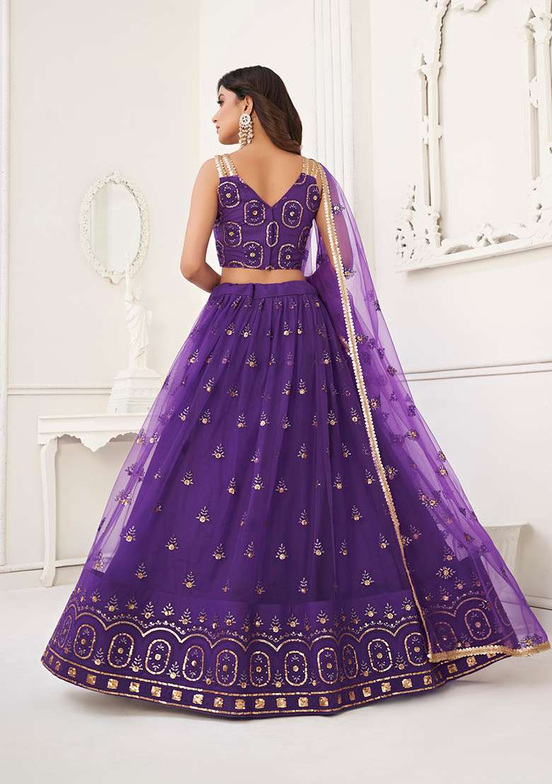 Purple Embroidery Net Lehenga Set for Diwali and Festive Wear - Indya