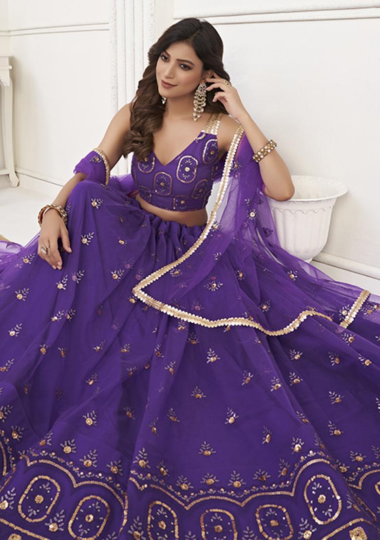 Purple Embroidery Net Lehenga Set - Indya