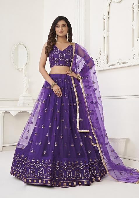 Purple Embroidery Net Lehenga Set