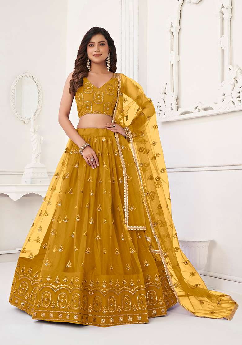 Mustard Yellow Net Lehenga Set with Embroidery for Diwali | Wedding & Festive Wear - Indya