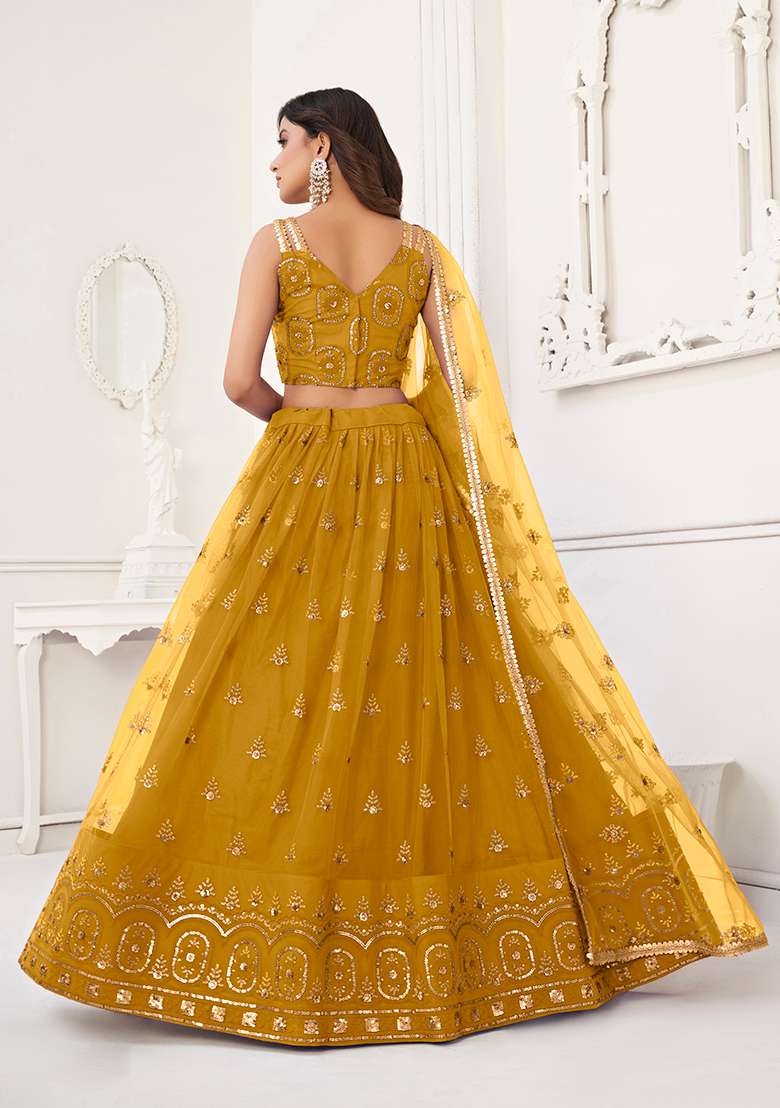 Mustard Yellow Net Lehenga Set with Embroidery for Diwali | Wedding & Festive Wear - Indya