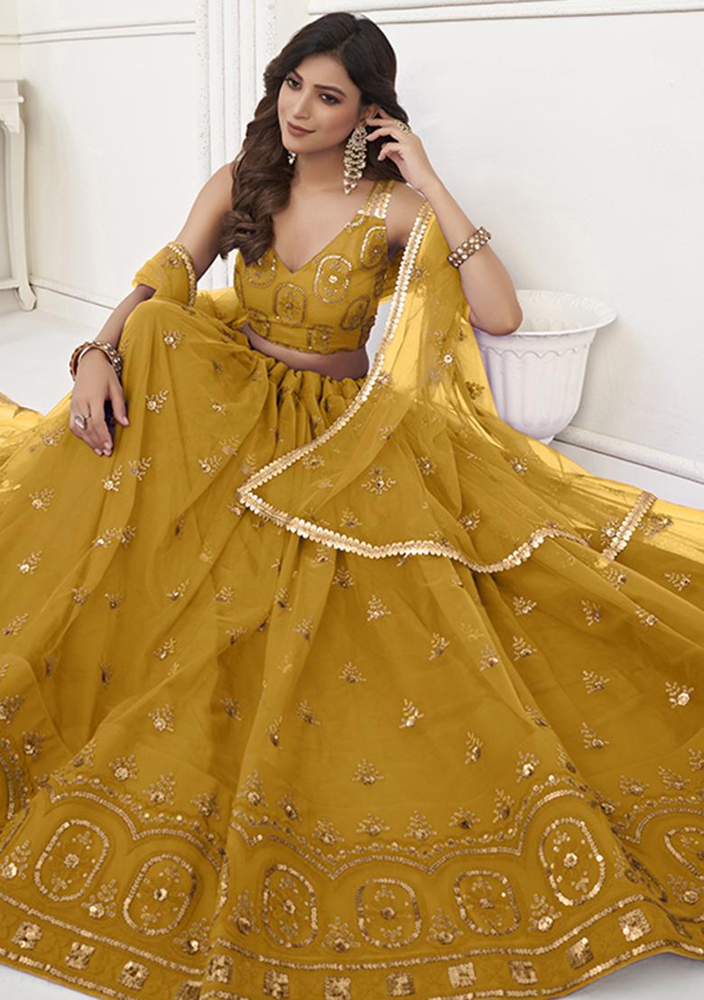 Mustard Yellow Embroidery Net Lehenga Set - Indya