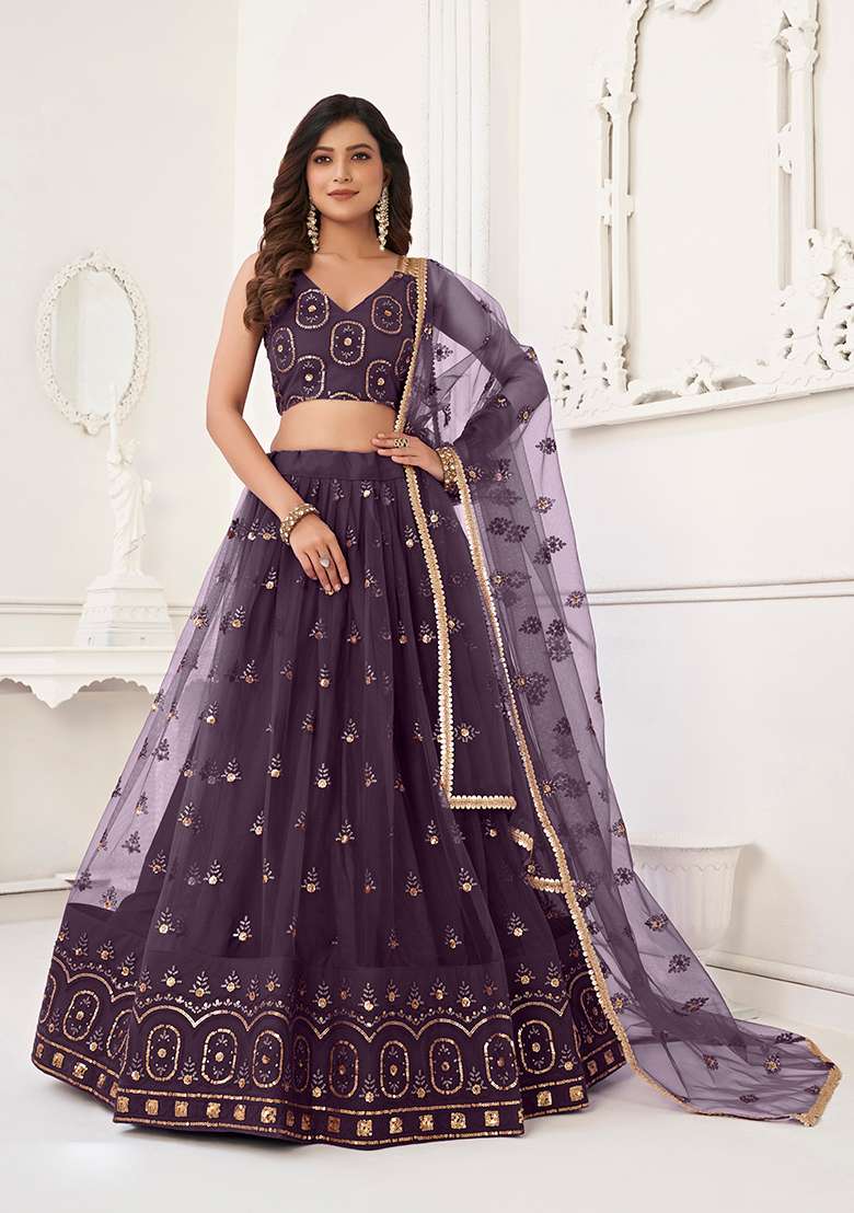 Dusty Wine Embroidery Net Lehenga Set for Diwali and Festive Wear - Indya