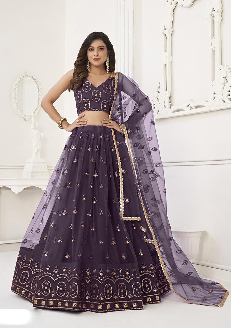 Dusty Wine Embroidery Net Lehenga Set - Indya