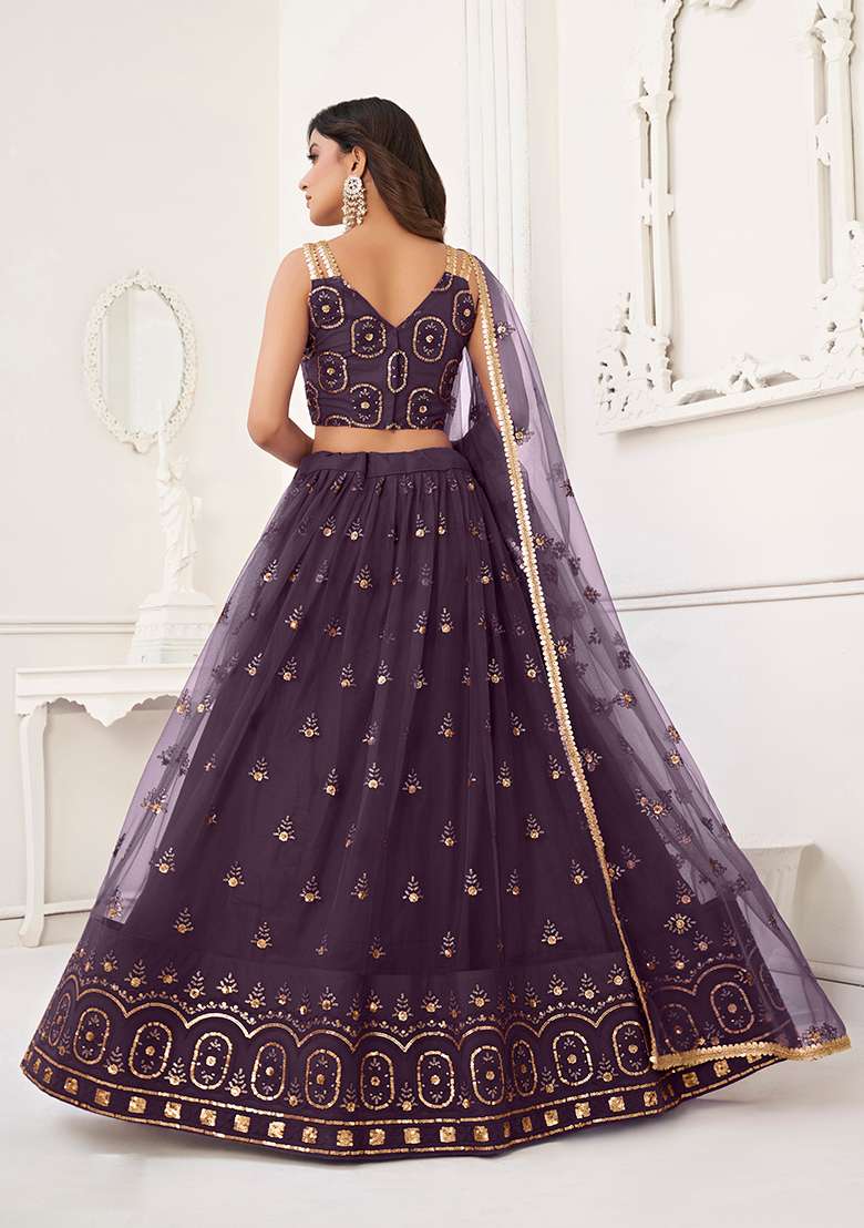 Dusty Wine Embroidery Net Lehenga Set for Diwali and Festive Wear - Indya