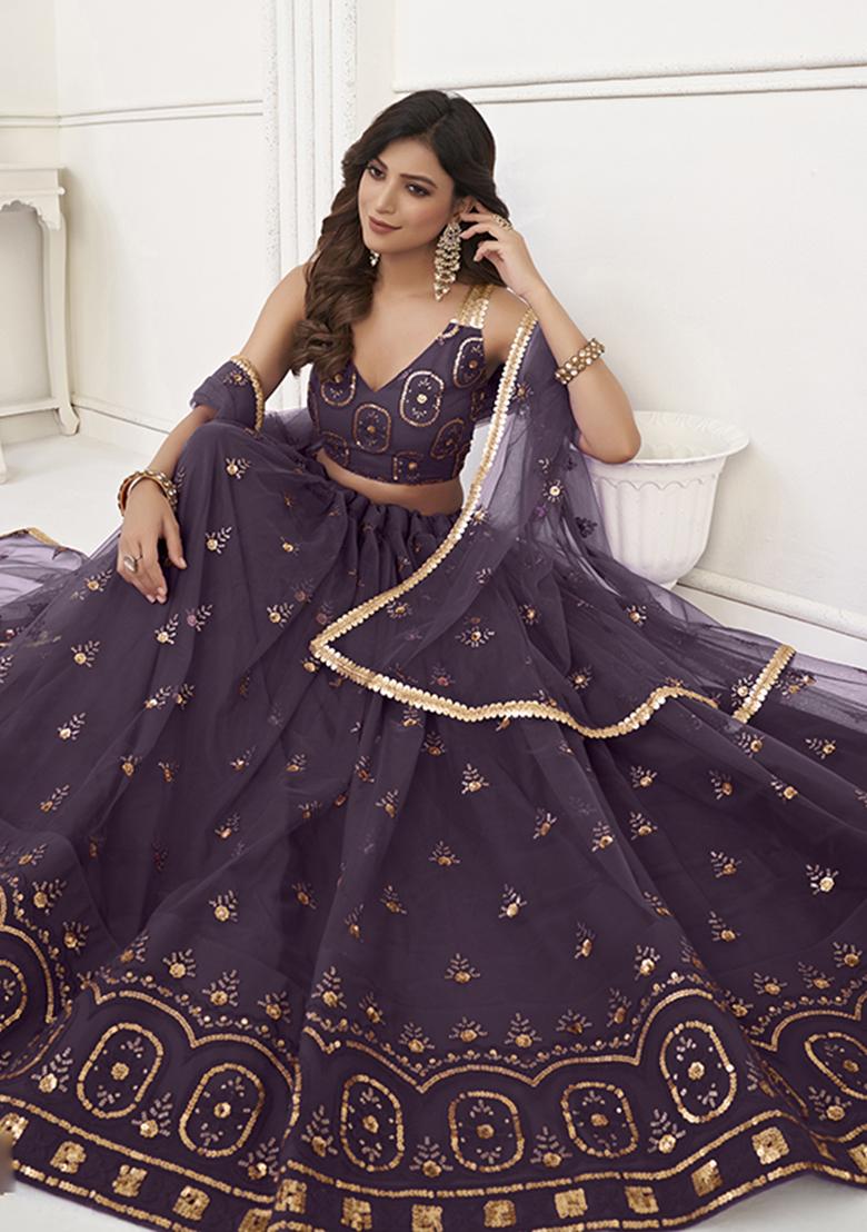 Dusty Wine Embroidery Net Lehenga Set - Indya