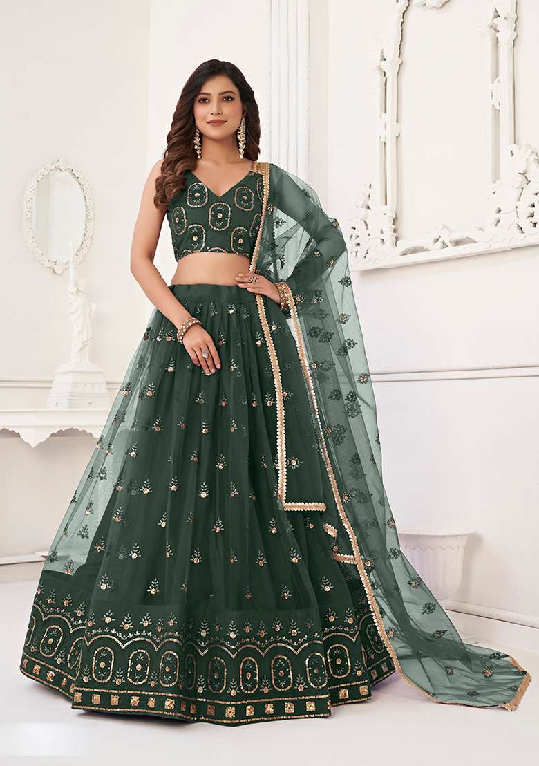 Dark Green Embroidery Net Lehenga Set for Diwali and Festive Wear - Indya