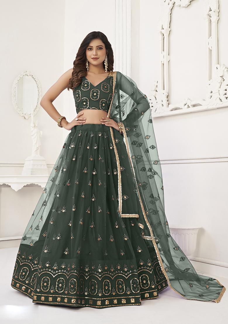 Dark Green Embroidery Net Lehenga Set - Indya