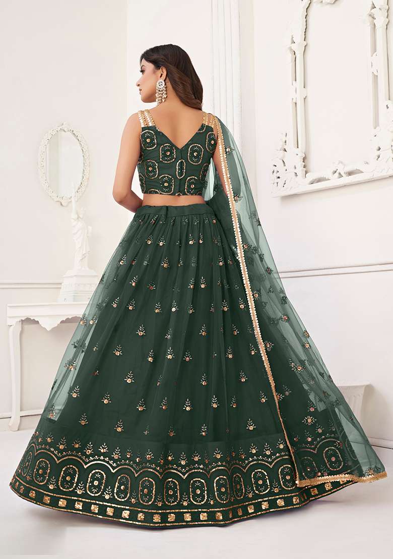 Dark Green Embroidery Net Lehenga Set for Diwali and Festive Wear - Indya