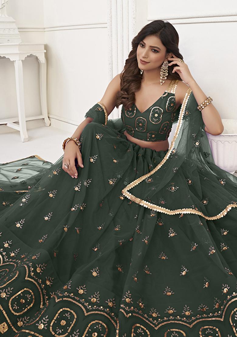 Dark Green Embroidery Net Lehenga Set - Indya