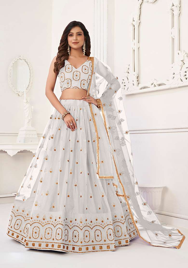 Off White Embroidery Net Lehenga Set for Diwali and Festive Wear - Indya