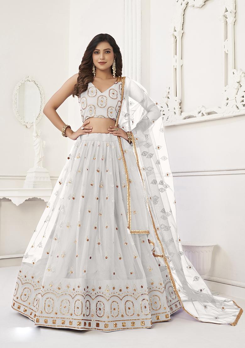Off White Embroidery Net Lehenga Set - Indya