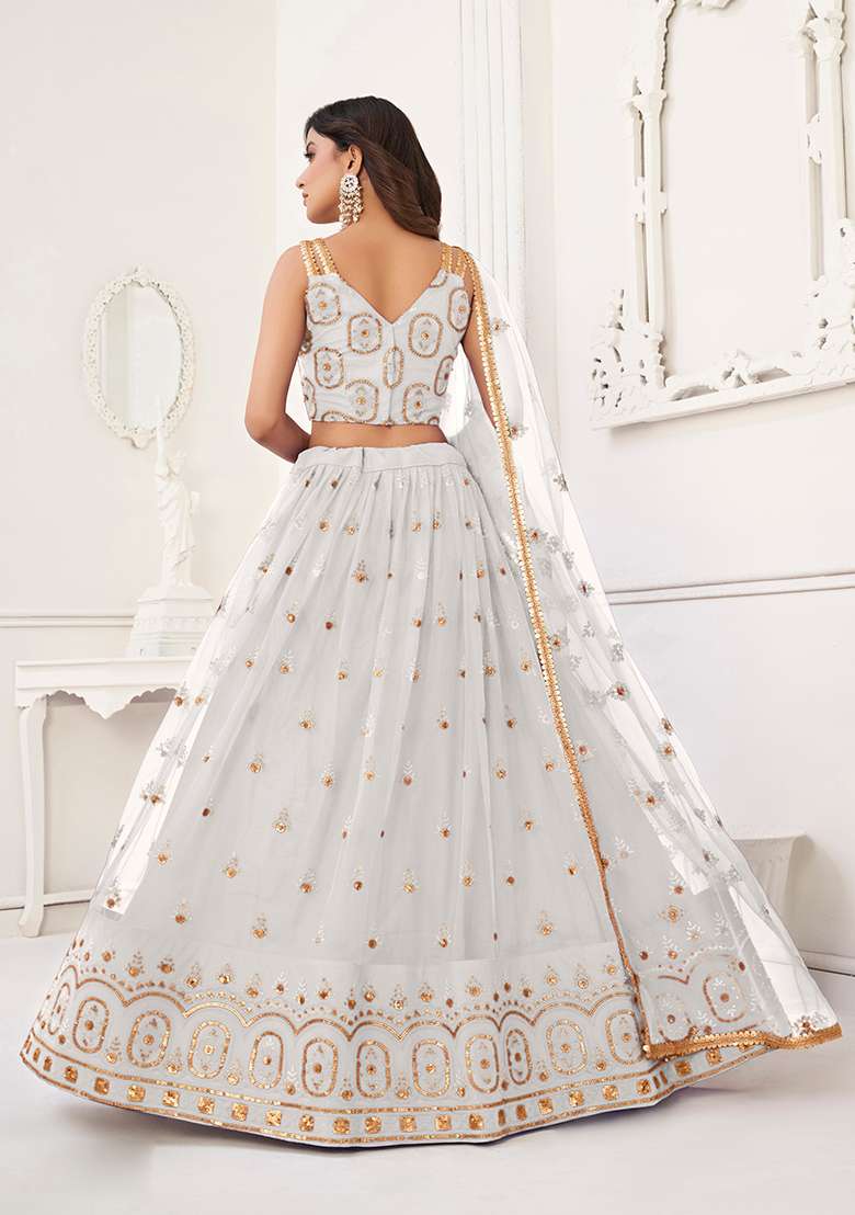 Off White Embroidery Net Lehenga Set for Diwali and Festive Wear - Indya