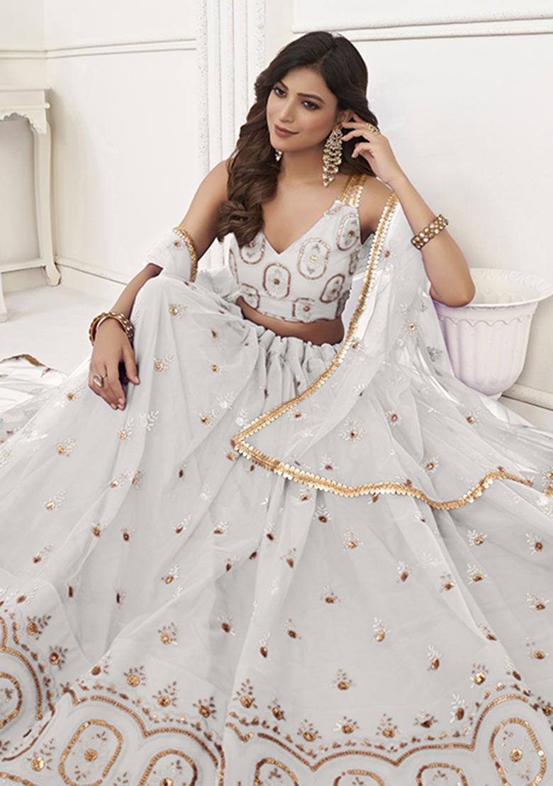 Off White Embroidery Net Lehenga Set - Indya