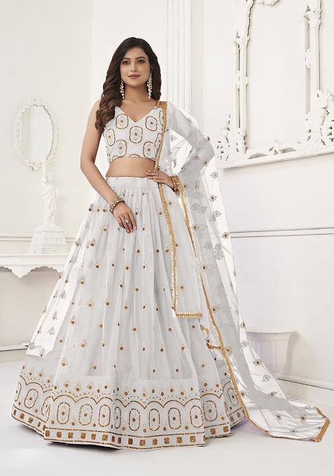 Off White Embroidery Net Lehenga Set