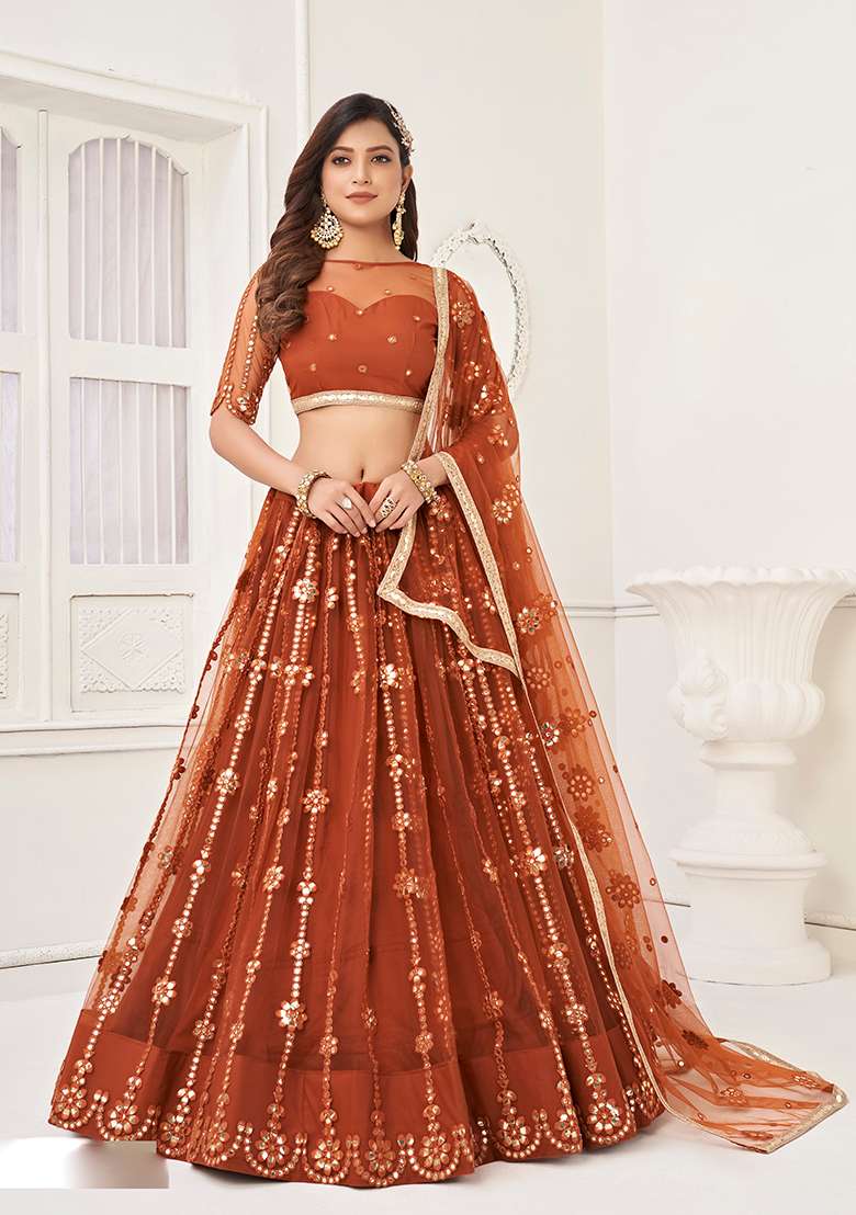 Brown Embroidery Net Lehenga Set for Diwali and Festive Wear - Indya