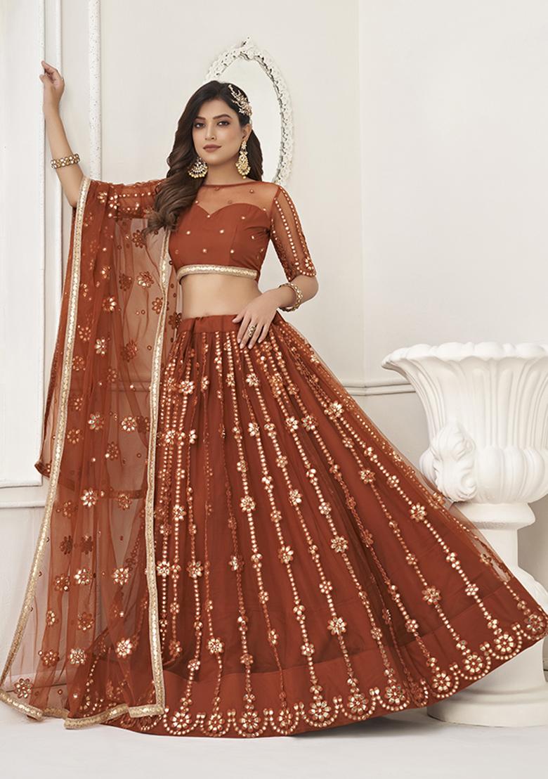 Brown Embroidery Net Lehenga Set - Indya