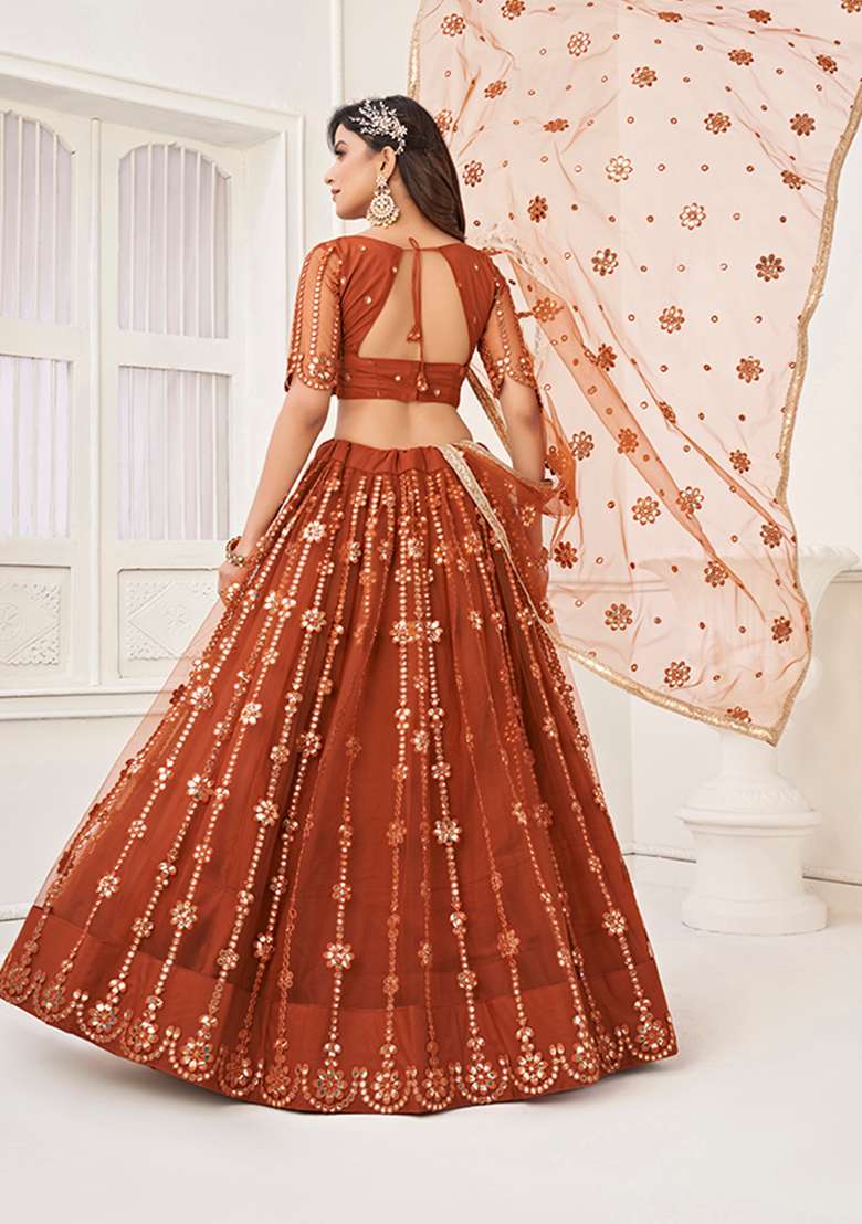 Brown Embroidery Net Lehenga Set for Diwali and Festive Wear - Indya