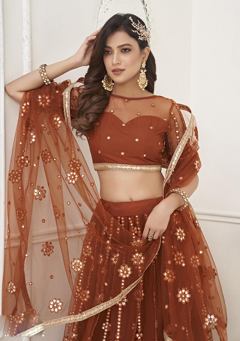 Brown Embroidery Net Lehenga Set - Indya