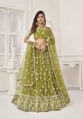 Olive Green Embroidery Net Lehenga Set