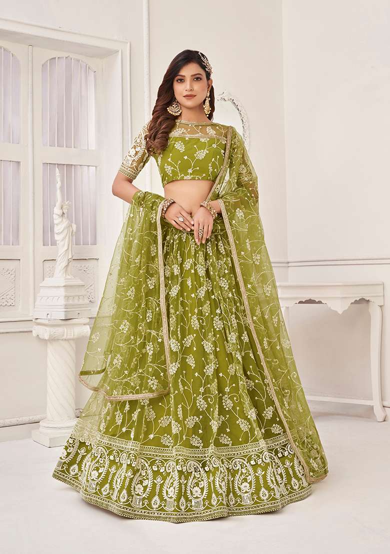 Olive Green Embroidery Net Lehenga Set for Diwali and Festive Wear - Indya