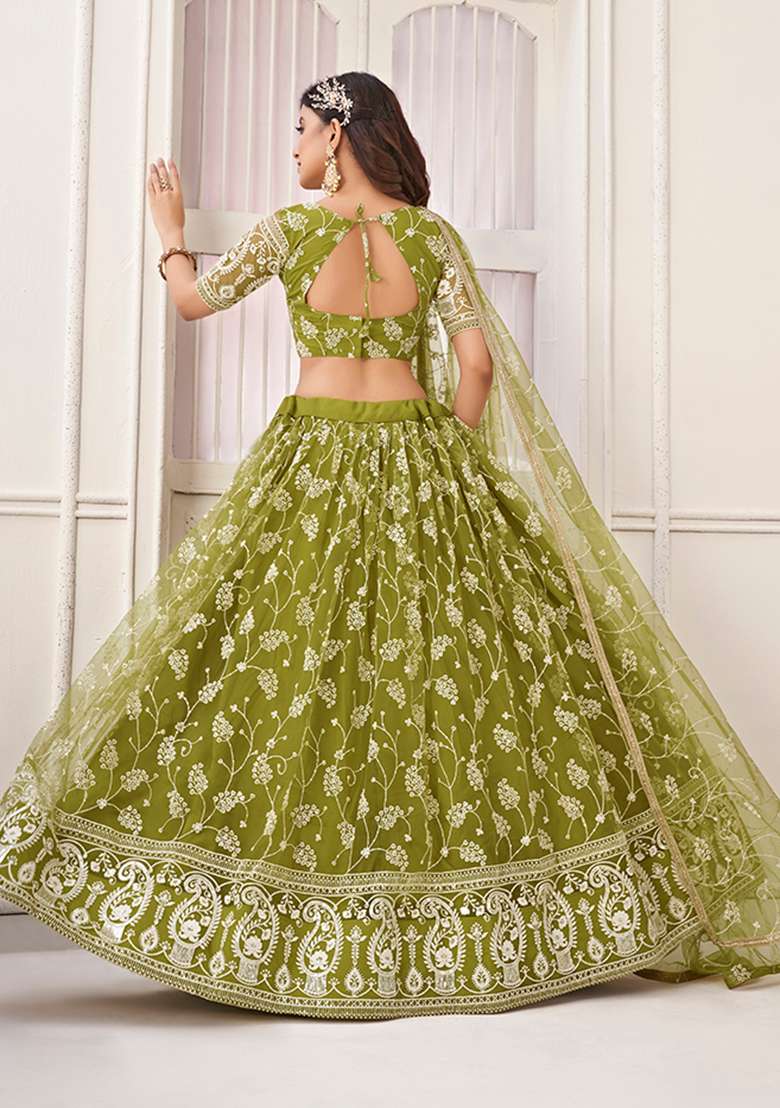 Olive Green Embroidery Net Lehenga Set for Diwali and Festive Wear - Indya