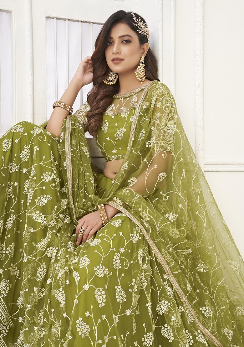 Olive Green Embroidery Net Lehenga Set - Indya