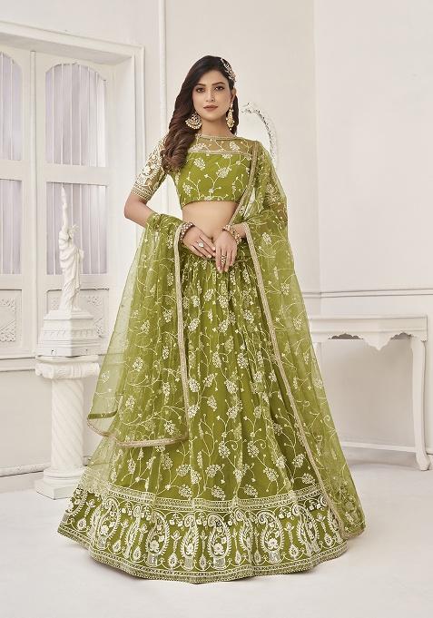 Olive Green Embroidery Net Lehenga Set