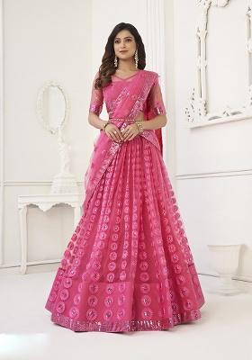 Bright Pink Embroidery Net Lehenga Set