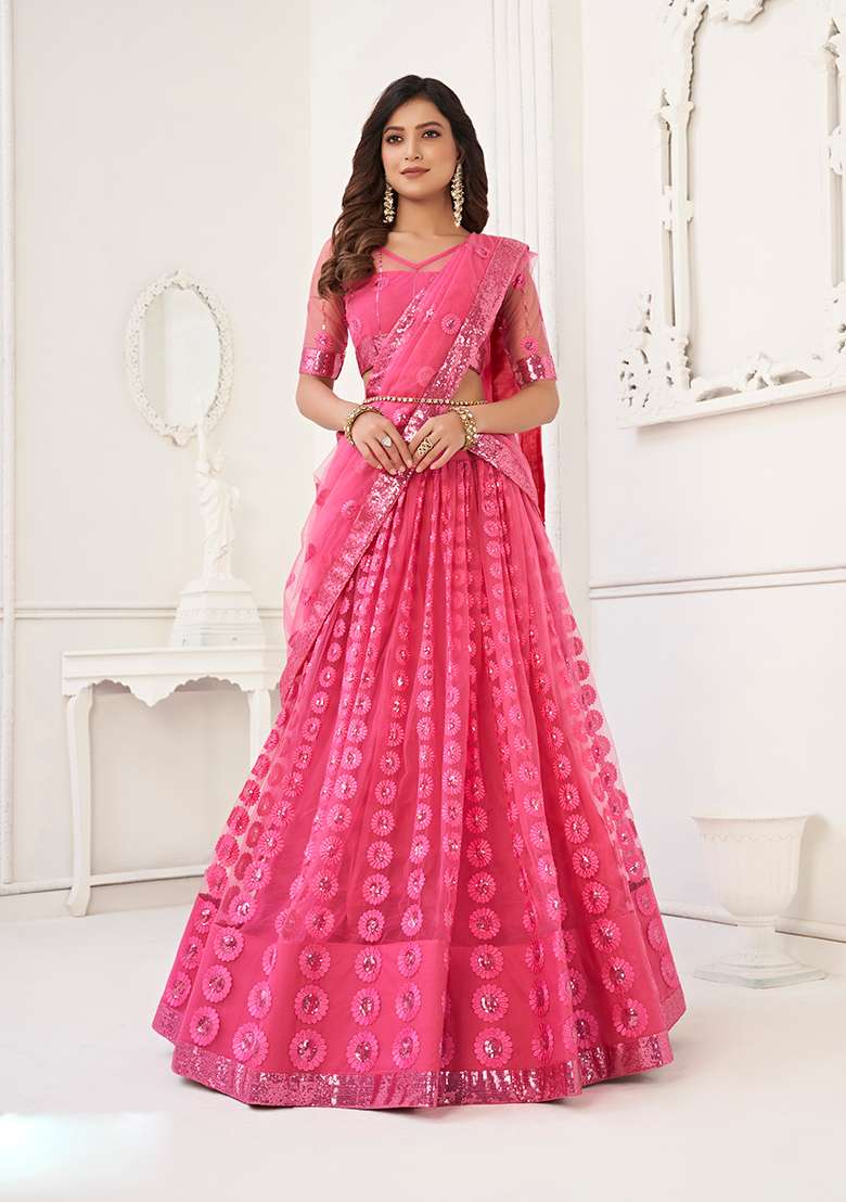 Bright Pink Net Lehenga Set with Embroidery for Diwali | Wedding & Festive Wear - Indya