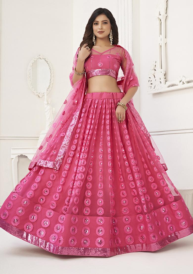 Bright Pink Embroidery Net Lehenga Set - Indya