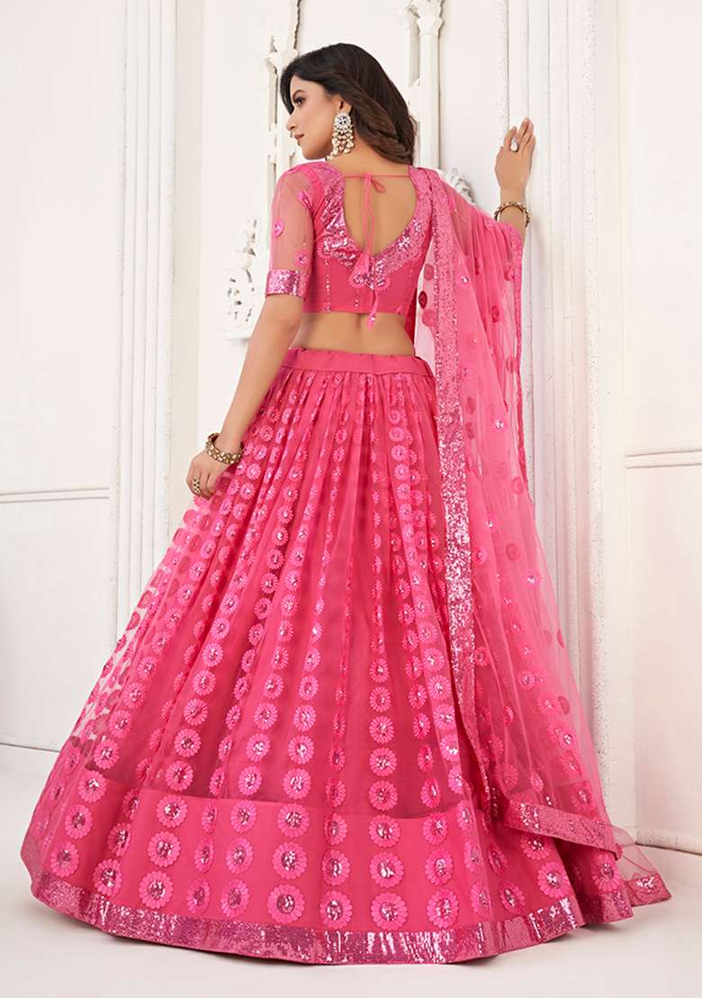 Bright Pink Net Lehenga Set with Embroidery for Diwali | Wedding & Festive Wear - Indya