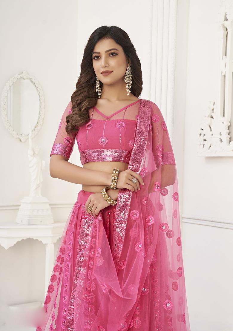 Bright Pink Embroidery Net Lehenga Set - Indya