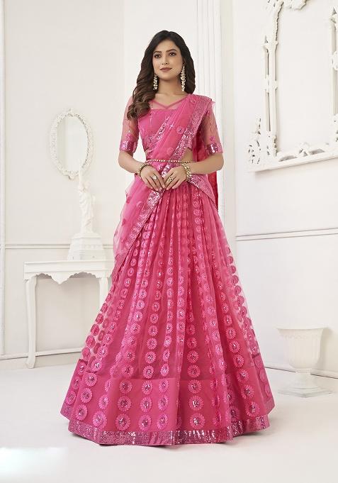 Bright Pink Embroidery Net Lehenga Set