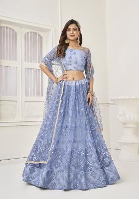 Neon Blue Embroidery Net Lehenga Set