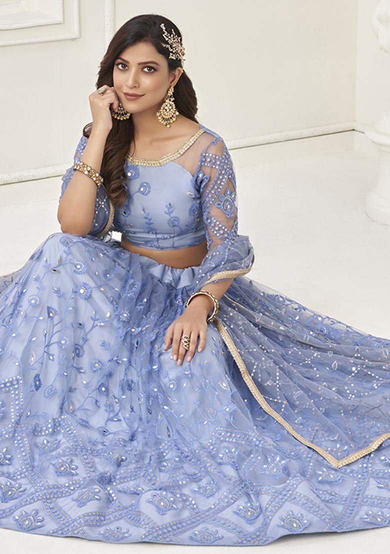 Neon Blue Embroidery Net Lehenga Set - Indya