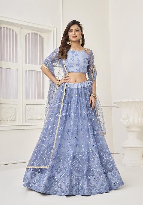 Neon Blue Embroidery Net Lehenga Set