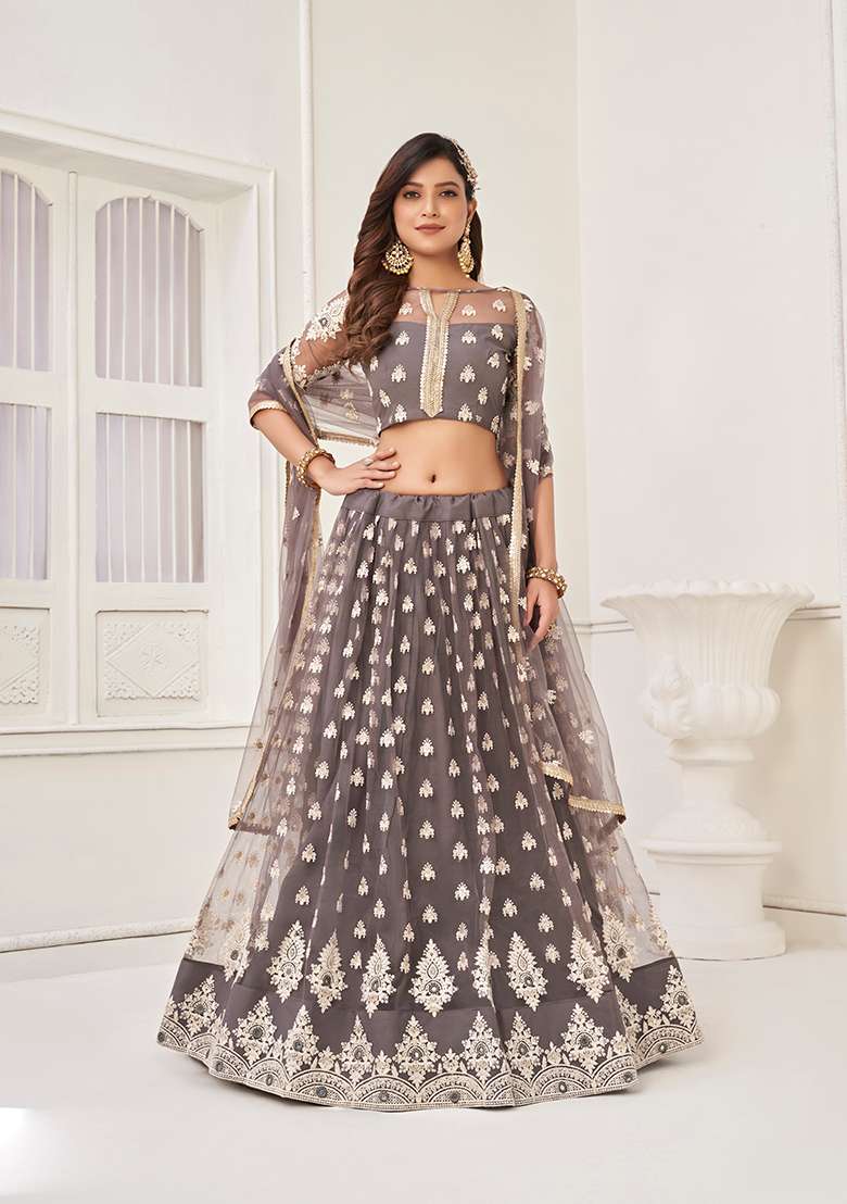 Space Grey Embroidery Net Lehenga Set for Diwali and Festive Wear - Indya