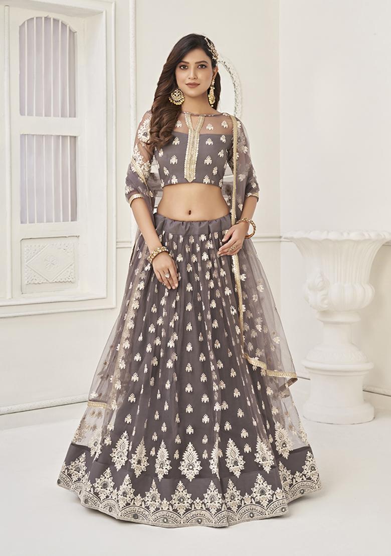 Space Grey Embroidery Net Lehenga Set - Indya