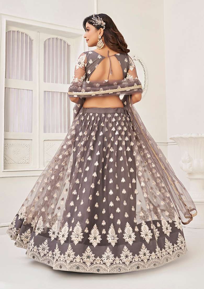 Space Grey Embroidery Net Lehenga Set for Diwali and Festive Wear - Indya