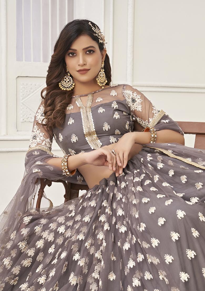 Space Grey Embroidery Net Lehenga Set - Indya