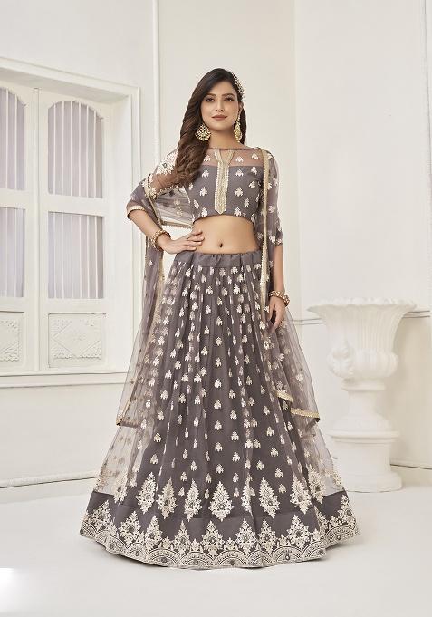 Space Grey Embroidery Net Lehenga Set