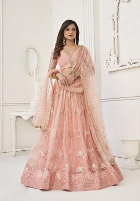 Peach Embroidery Net Lehenga Set