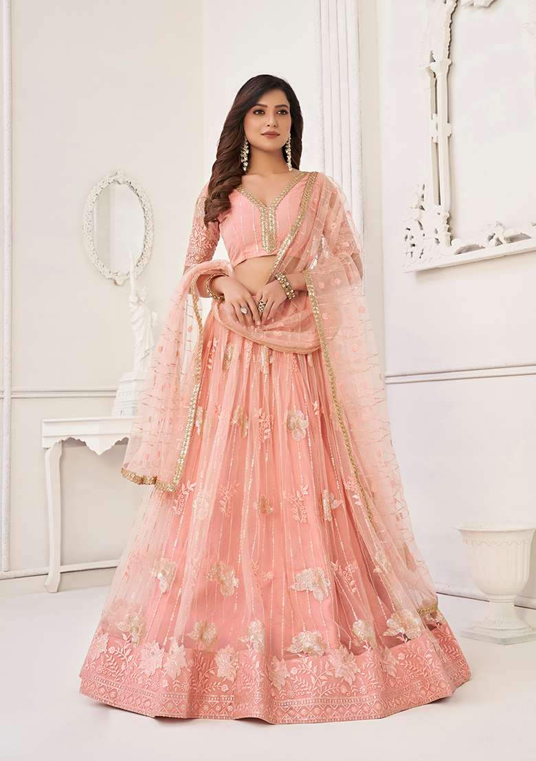 Peach Net Lehenga Set with Embroidery for Diwali | Wedding & Festive Wear - Indya