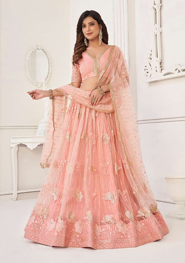 Peach Net Lehenga Set with Embroidery for Diwali | Wedding & Festive Wear - Indya