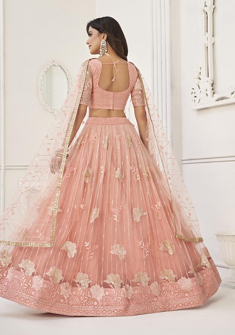 Peach Embroidery Net Lehenga Set - Indya