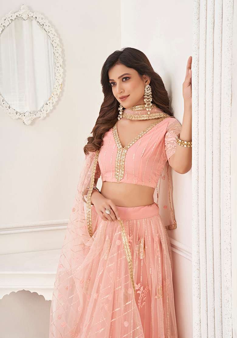 Peach Net Lehenga Set with Embroidery for Diwali | Wedding & Festive Wear - Indya